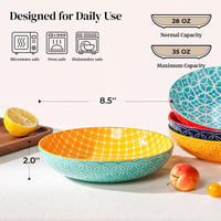 DOWAN Porcelán Tésztás Tányér Szett 4db, 21,5cm Mély Tálak, Kerek Leveses Tányérok, Mosogatógépben és Mikróban Használható, Színes 2
