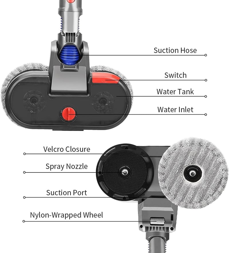 DrRobor Elektromos Felmosó Adapter Dyson V15 V11 V10 V8 V7 Porszívókhoz - Beépített Víztartállyal, LED Világítással, Mosható Fejjel