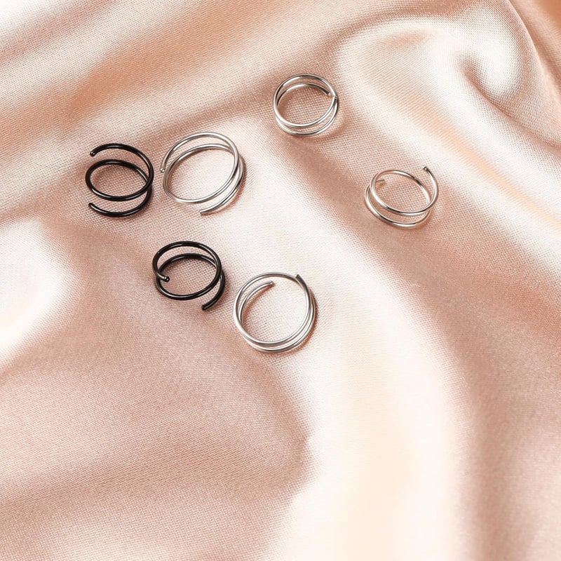 DIVINA VITAE 8 db Orr Piercing Szett - Spirál és Dupla Karika Orrpiercing, Helix Piercing, 316L Sebészeti Acél, 8/10 mm, Fekete és Ezüst