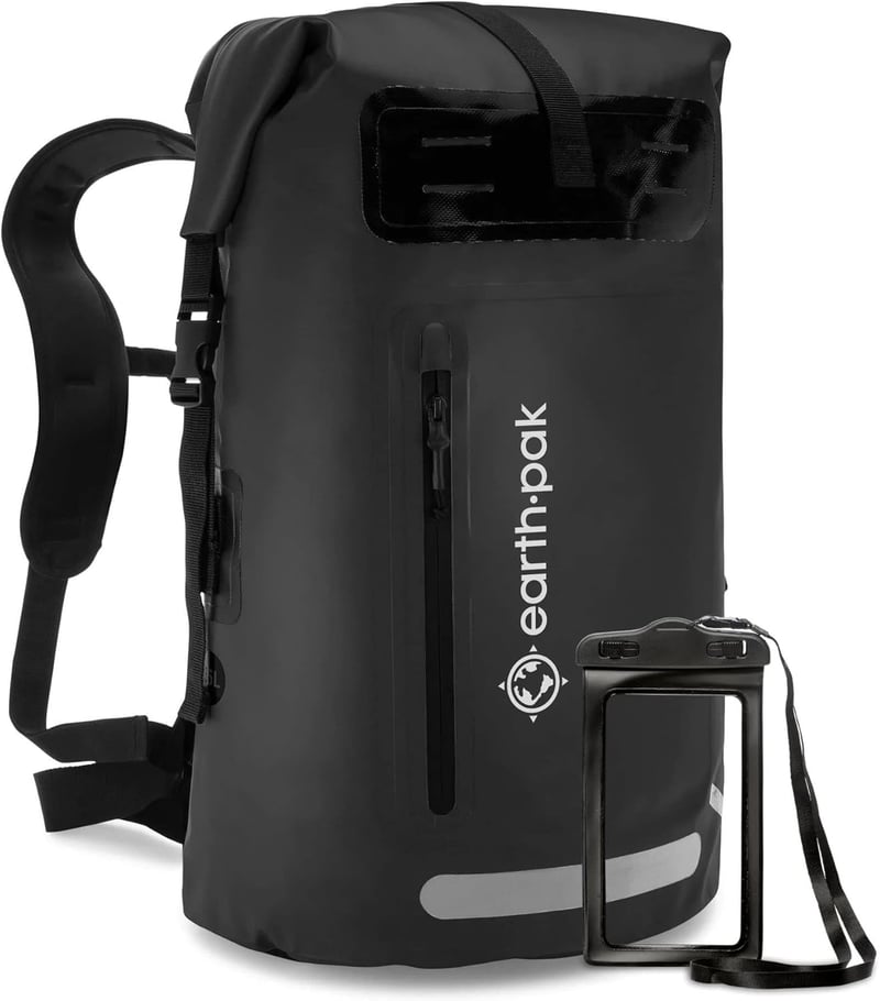 Earth Pak Summit vízálló hátizsák 35L fekete, rolltop zárás, erős cipzár, telefontokkal