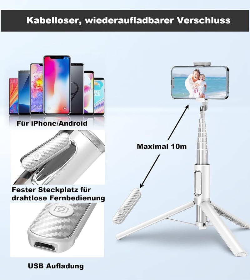 TONEOF 152cm-es Fehér Alumínium Szelfibot Állvány iPhone és Android Telefonokhoz, Vezeték Nélküli Távirányítóval - 173cm, Beige Grey