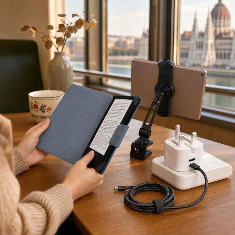 Könyvmoly útitárs: Kindle védőtok + alumínium állvány + PD 20W töltő + USB-C kábel
