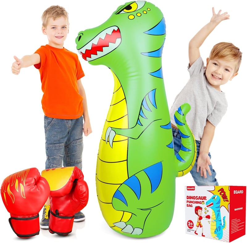EQARD Felfújható Dinoszaurusz Boxzsák Gyerekeknek 120cm - Állítható Edzőzsák Boxkesztyűvel, 3-9 Éveseknek, Karate, MMA, Taekwondo Gyakorlásh