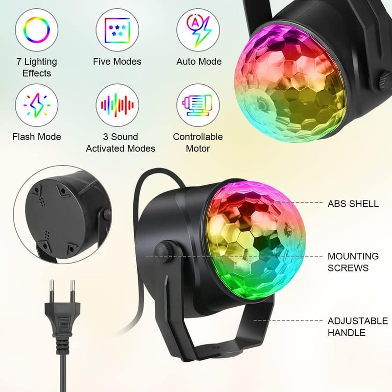 URAQT LED Diszkógömb Szett - 2 db 360° Forgó Partyfény Távirányítóval, 7 RGB Színmód, Zenére Változó Fények Gyerekeknek, Halloween, Karácson