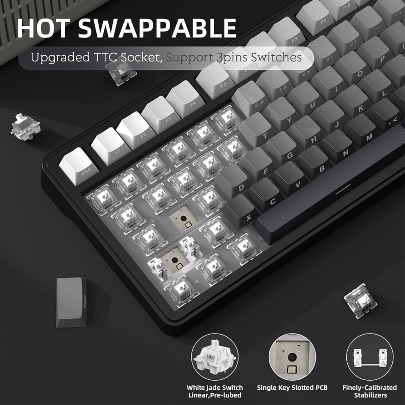 AJAZZ x Attack Shark X85 Mechanikus Gamer Billentyűzet, 75% Vezeték Nélküli, 5 Rétegű Hangtompítás, PBT Billentyűk, RGB, Hot-Swap, PC/Mac