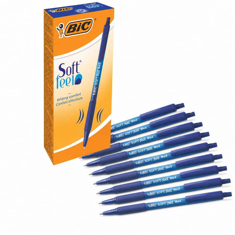 Pix retractabil BIC Soft Feel Clic, cerneală albastră, vârf mediu 1,0 mm, zonă de prindere cauciucată, 9 bucăți (din set original)