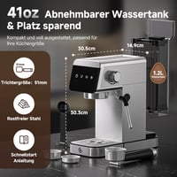 AMZCHEF Eszpresszó Kávéfőző 20 Bar Nyomással, LED Kijelzővel - 2 az 1-ben Tejhabosítós Kávégép, 1,2L Kivehető Tartály, Kompakt Rozsdamentes  7