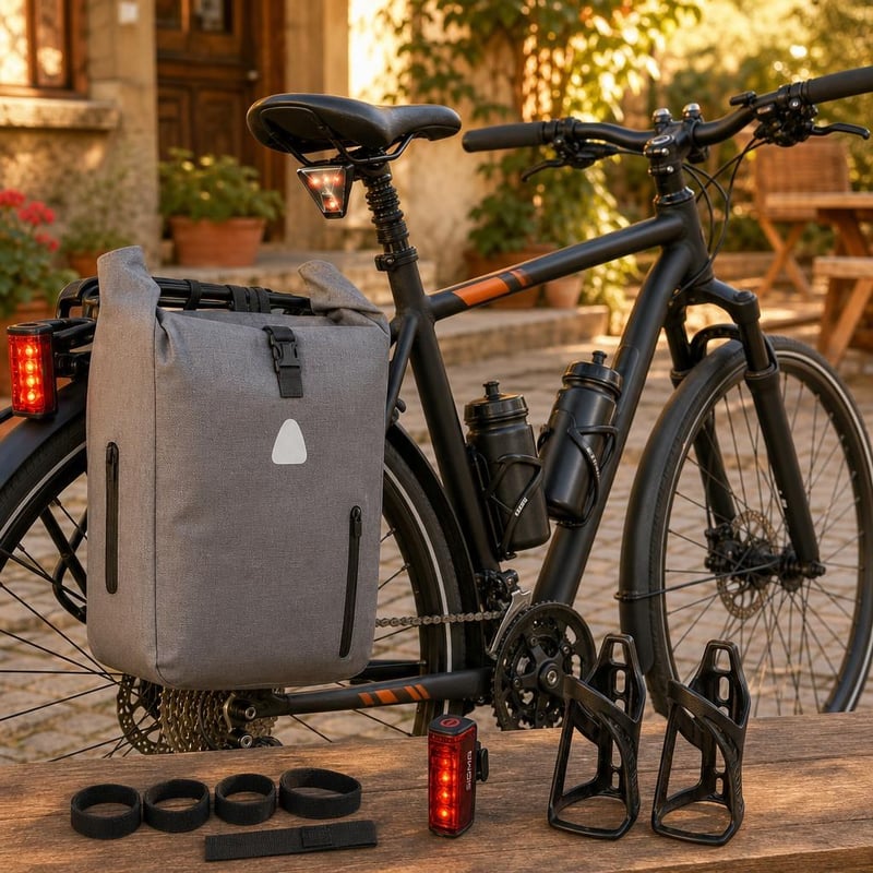 Pachet Biciclist: 4 cleme pantaloni + stop frână + lumină cască + 2 suporturi bidon + geantă + antifurt