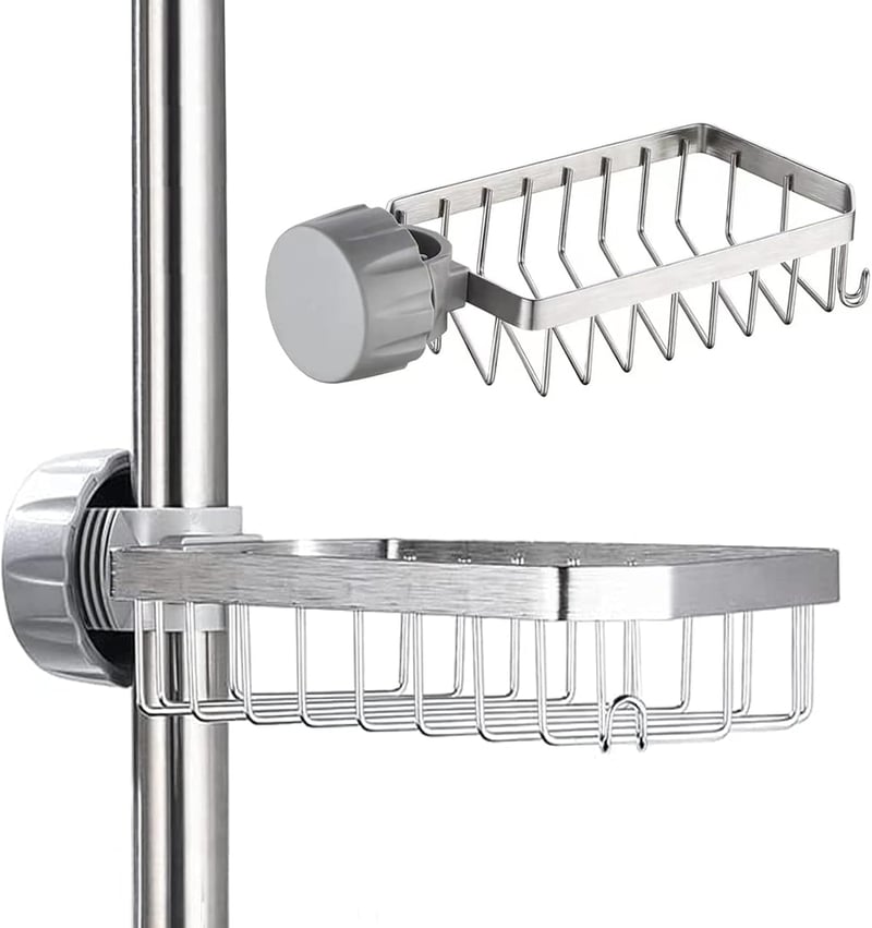 Állítható Zuhanyrúd Polc - Rozsdamentes Acél Fürdőszobai Tároló Fúrás Nélkül - 10.5 cm x 22 cm x 5.2 cm, Silver Pack of 2