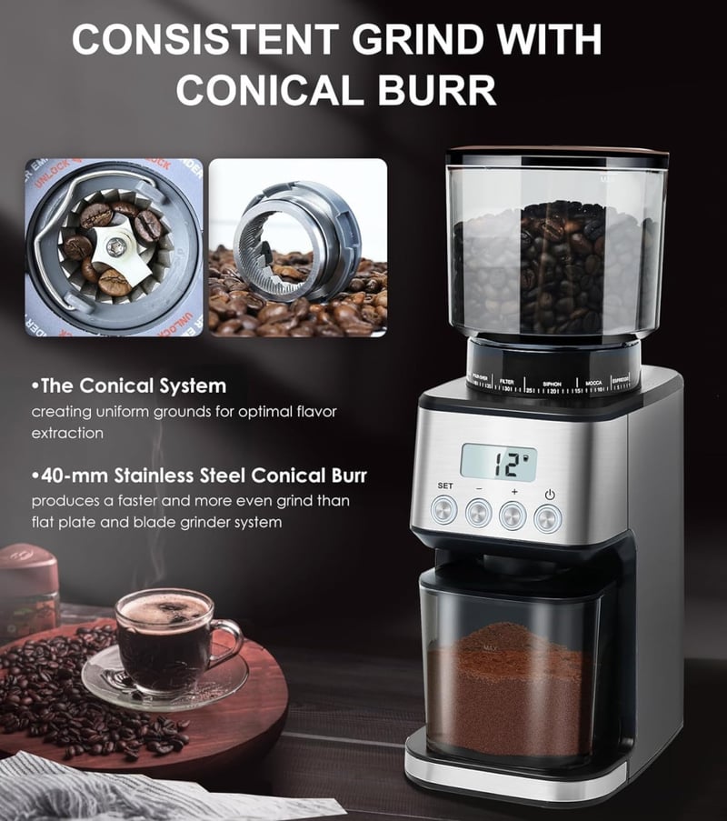 Homtone Elektromos Kávédaráló 51 Őrlési Fokozattal - Portafilterhez és Tárolóhoz, Rozsdamentes Acél, Csepegtetős/Pour Over/Cold Brew/French 