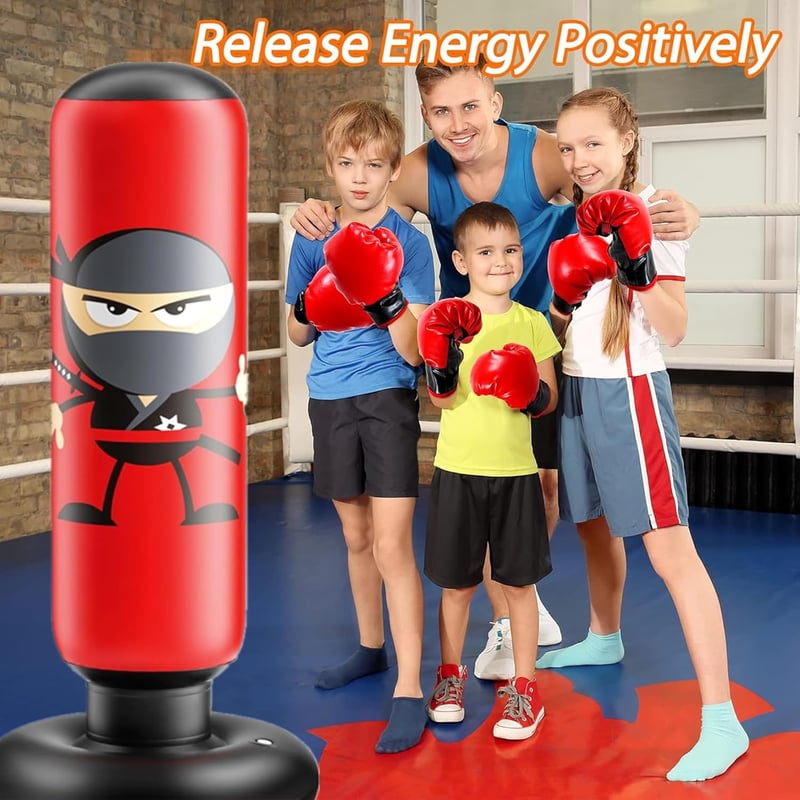 EQARD Ninja Felfújható Boxzsák Gyerekeknek Boxkesztyűvel - 160 cm Álló Edzőzsák Karate, Taekwondo, MMA Gyakorláshoz, Piros PVC