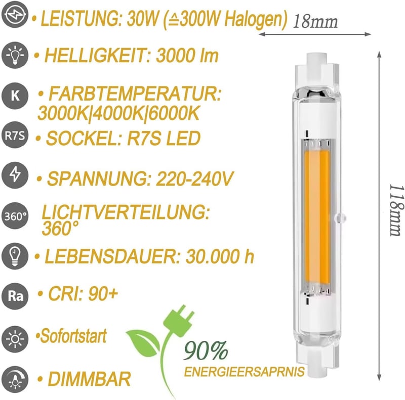 FDHVCB R7S LED izzó 118mm 30W dimmelhető 3000lm 4000K 2db