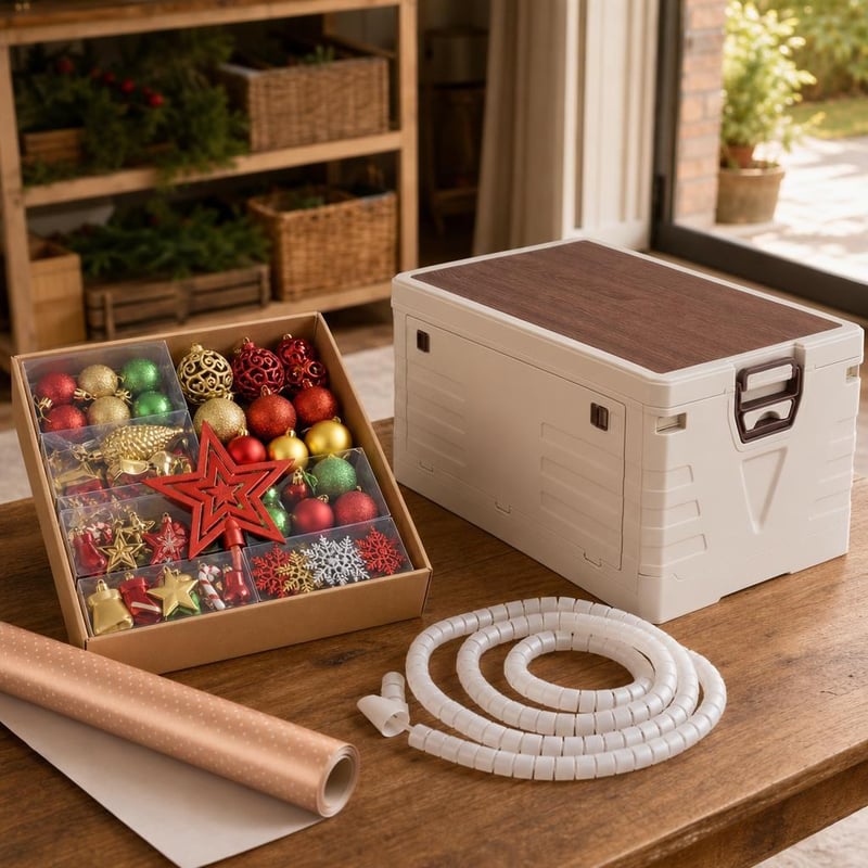 Vianočný set: 73x ozdoby + úložný box + organizér káblov + baliaci papier