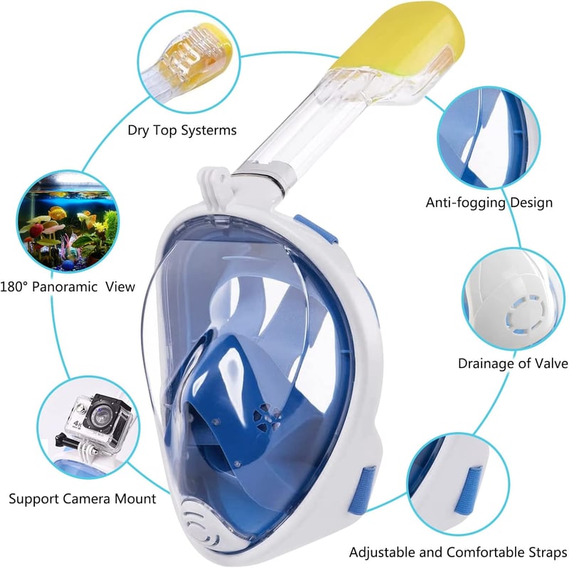 Ledeak Mască de scufundare panoramică 180° - Mască de snorkeling integrală cu suport pentru cameră, anti-ceață, mărime S/M, albastru/negru/verde, pentru adulți