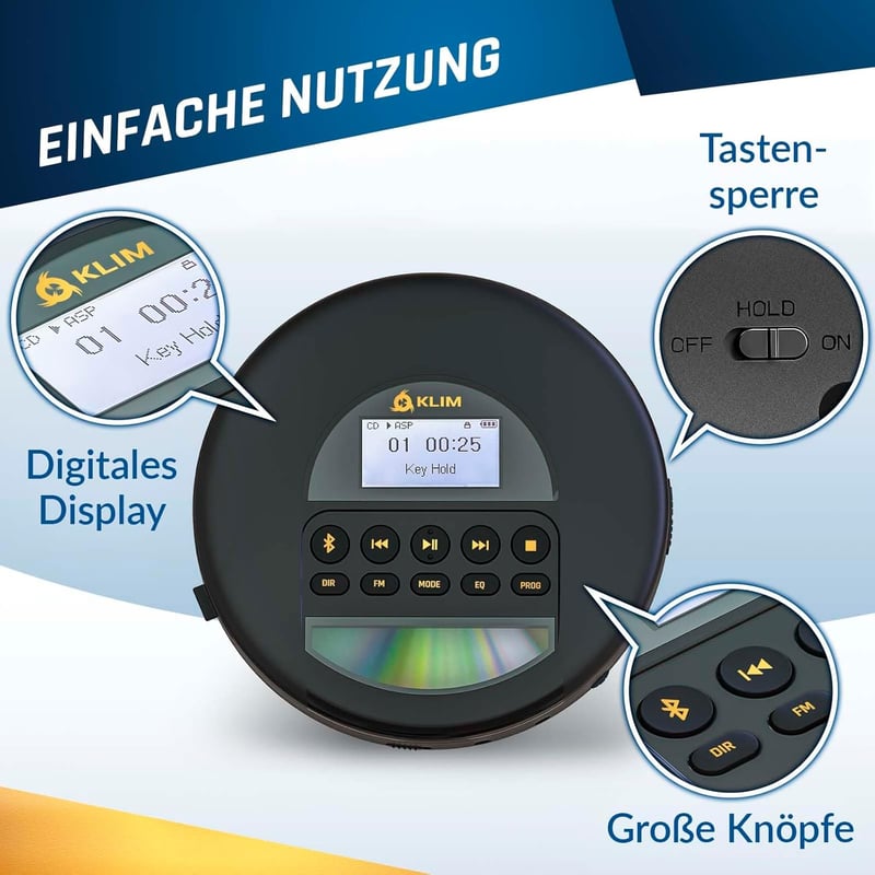 KLIM Nomad Hordozható CD Lejátszó Bluetooth - Hosszú Üzemidejű Akkumulátor, Fejhallgatóval, CD-R/RW/MP3 Támogatás, TF Kártyaolvasó, FM Rádió