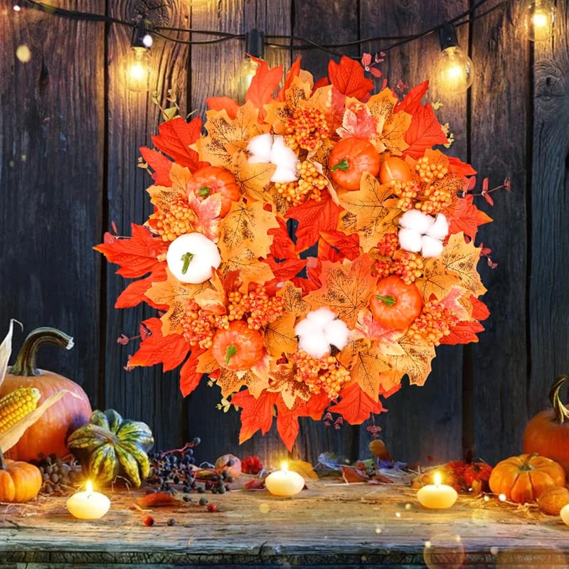 Őszi ajtódísz műlevéllel, tökkel és gyapottal - Hálaadás és Halloween dekoráció