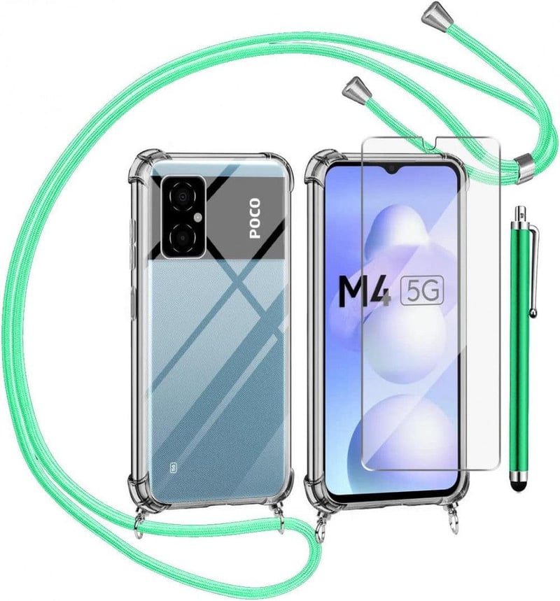 Xiaomi Poco M4 5G zöld szilikon tok nyakpánttal és fóliával