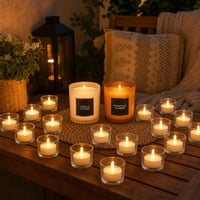 Sada na navodenie atmosféry: 2x vonná sviečka + 6x sklenený svietnik + 24x LED čajová sviečka 1