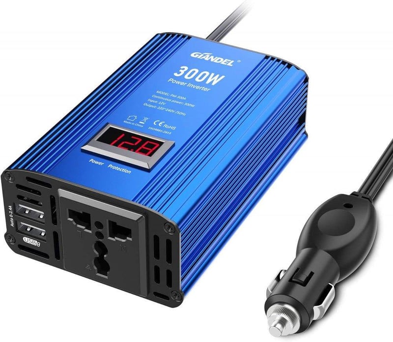 GIANDEL 300W Szivargyújtós Inverter LED Kijelzővel, USB-vel - 12V/220V Autós Áramátalakító