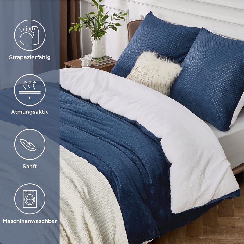 BEDSURE Kék Plüss Téli Ágynemű 200x200 - Meleg Waffle Mintás Huzat Cipzárral, 2 Párnahuzattal