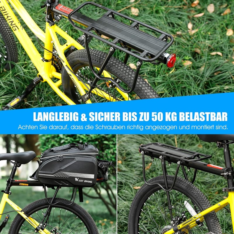 West Biking Alumínium Kerékpár Csomagtartó - Univerzális Hátsó Tartó 50kg Teherbírással, 24-29" Kerekekhez, MTB, Országúti és Fat Bike Kompa