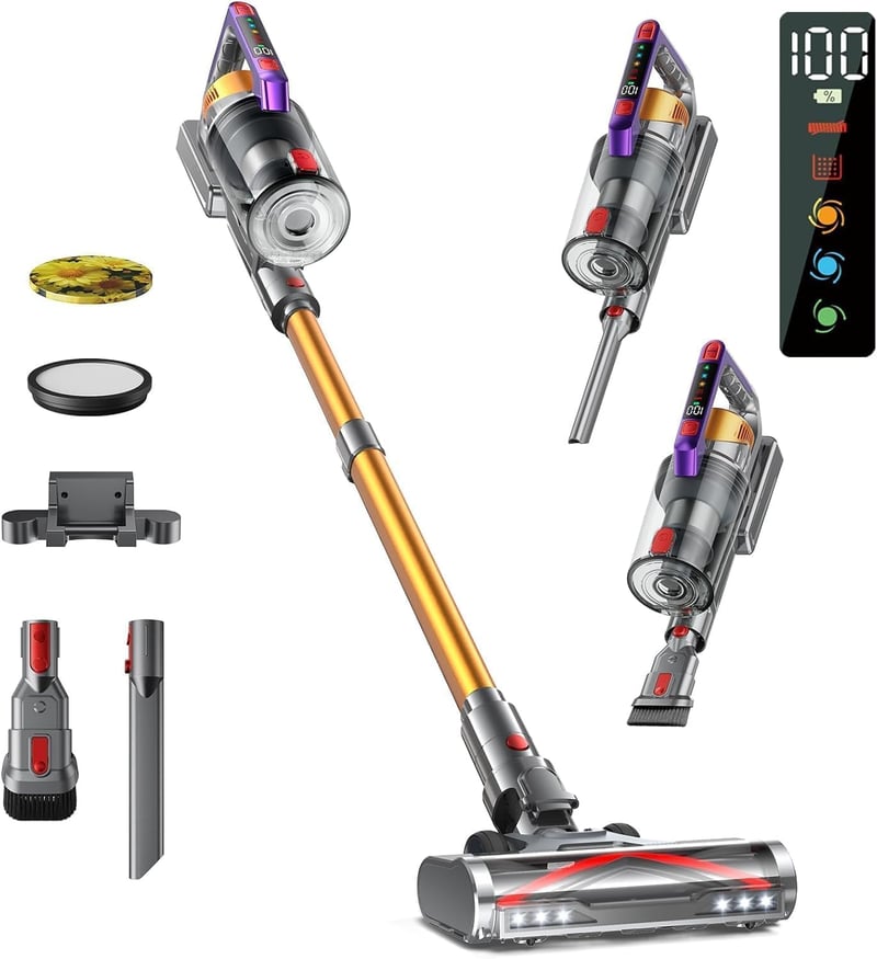 Kissof T17 Vezeték Nélküli Porszívó, 45000Pa Szívóerő, 550W Motor, 70 Perces Üzemidő, HEPA Szűrő, 1.6L Portartály, Arany