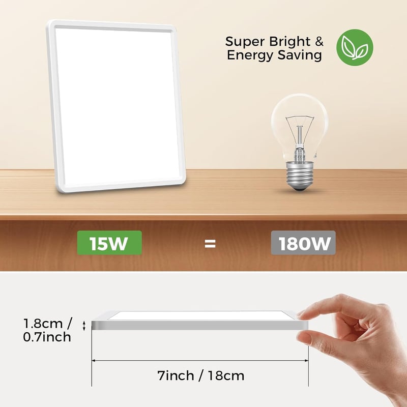 zemty Négyzet LED Mennyezeti Lámpa 15W 1800LM - Állítható Színhőmérséklet 3000K/4000K/6500K - Fürdőszobába, Konyhába, Hálószobába, Folyosóra