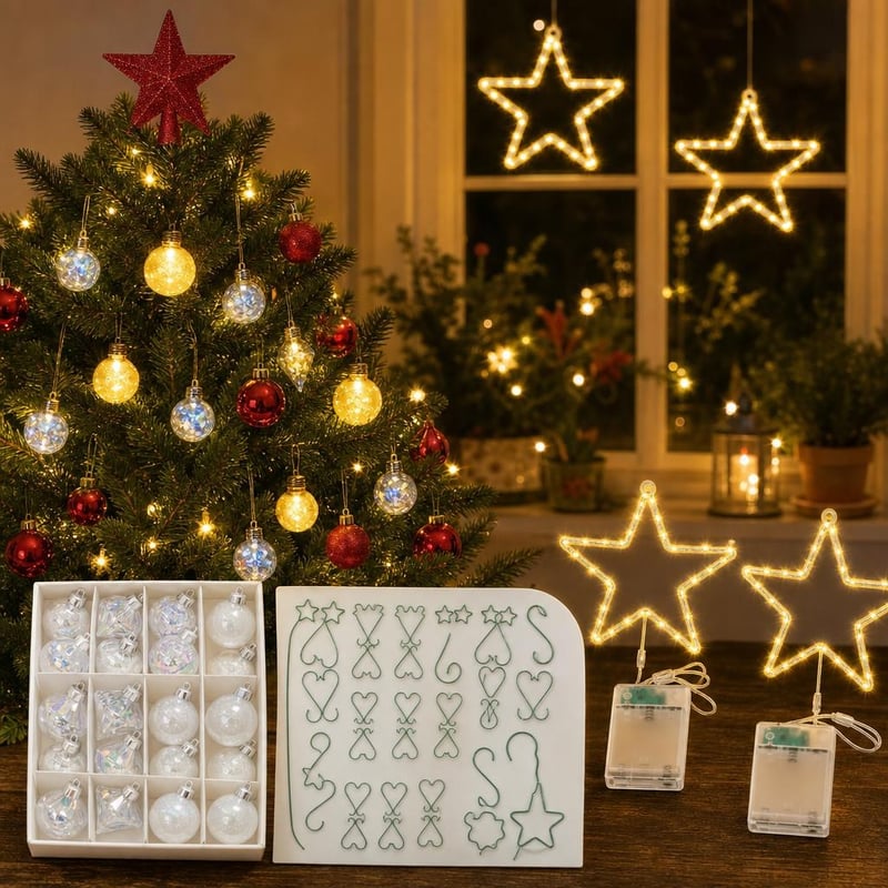 Vianočná dekorácia: 60x ozdoba + 12x LED guľa + 2x LED hviezda + špica na stromček