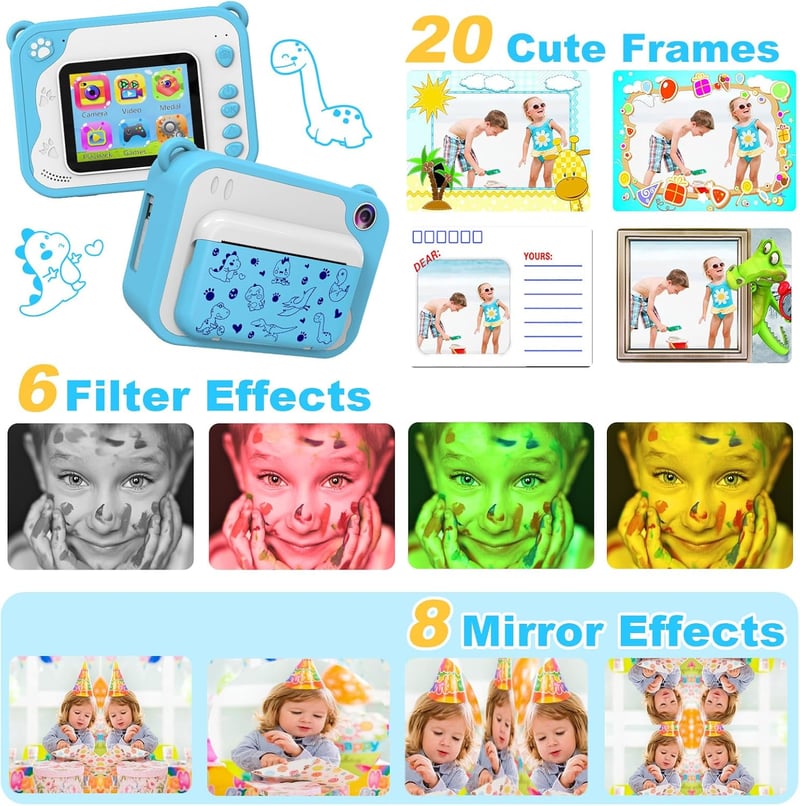 Ukuu 2,4" Gyerek Polaroid Kamera, 32GB, Nyomtatópapírral, Kék - Karácsonyi Ajándék