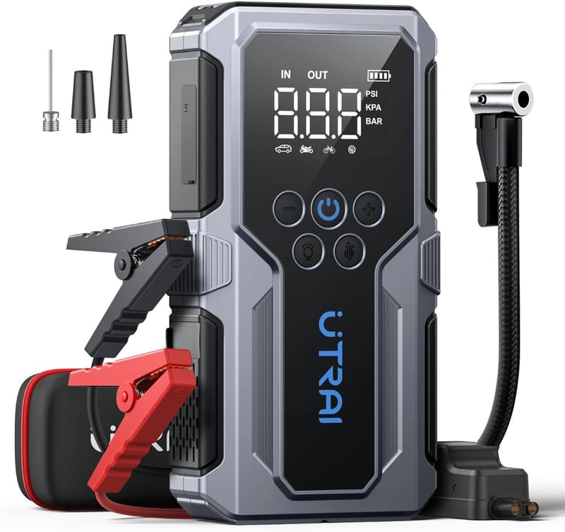 UTRAI 4000A Autós Bikázó Készülék 150PSI Kompresszorral - Gyorstöltés 3.0, 8.5L Benzin/6.5L Dízel Járművekhez, Beépített LED Lámpával
