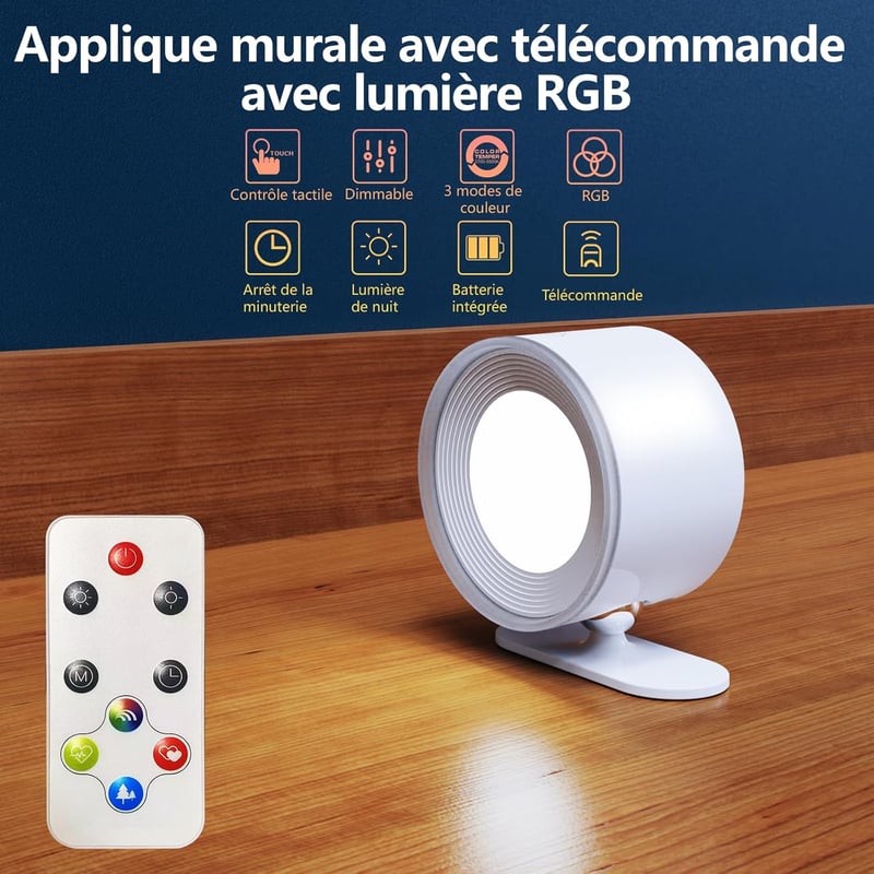 Feallive LED fali lámpa távirányítóval, dimmer, 360° forgatható, 4 fényerő, RGB