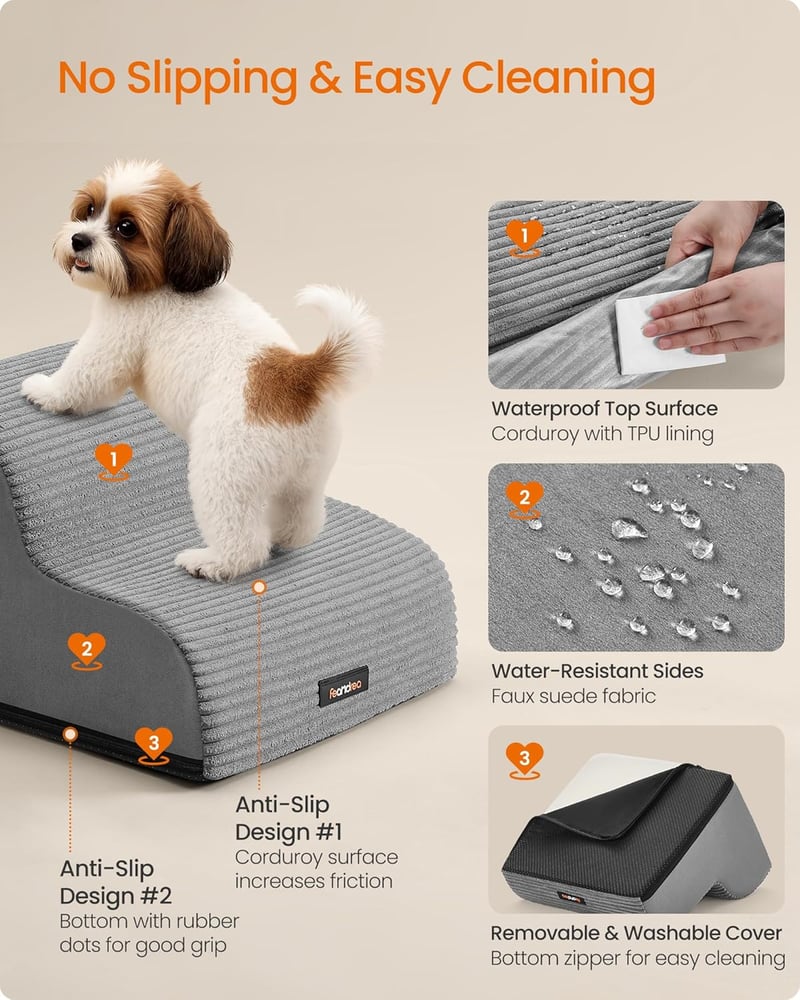 Feandrea 2 lépcsős kutyalépcső ágyhoz kanapéhoz vízálló csúszásmentes szürke - 2 Steps(40L x 40W x 30H cm), gray