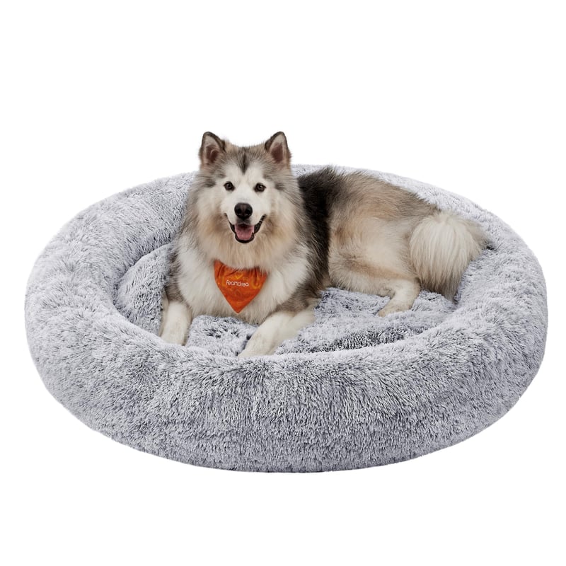 FEANDREA PGW044G01 Culcuș Rotund pentru Câini și Pisici, Lavabil, cu Pernă Detașabilă, Pluș Lung, Formă de Gogoașă, Diametru 140 cm, Gri Ombré