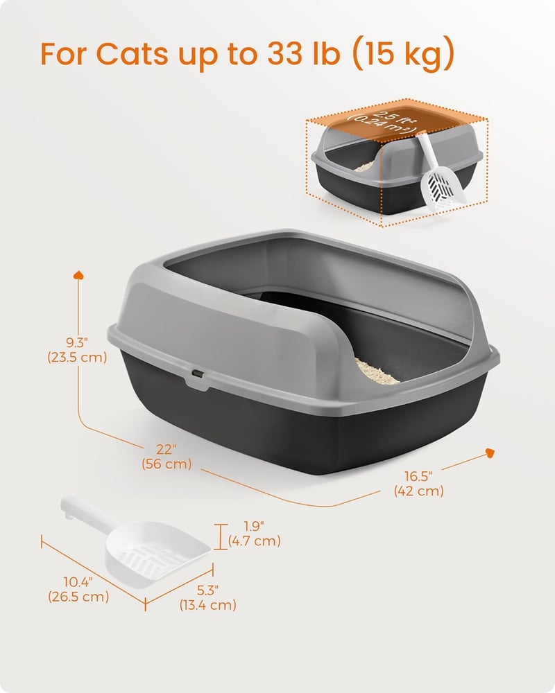 Feandrea XL magas peremű macskavécé nyitott tetővel és lapáttal szürke - XL, Slate Grey