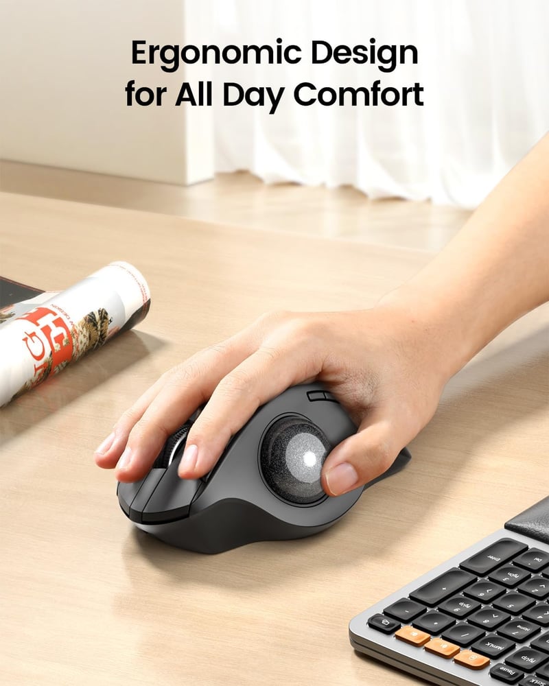 ProtoArc EM01 NL Trackball Egér - Állítható Szögű, Hüvelykujj Vezérlésű, Vezeték Nélküli, 3 Csatlakozási Mód, 5 DPI Szint, Újratölthető, Fek