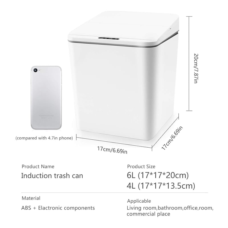 FEBHBRQ 6 Literes Automatikus Szenzoros Szemetes Kuka Fedéllel Otthonhoz Irodához - White/Battery