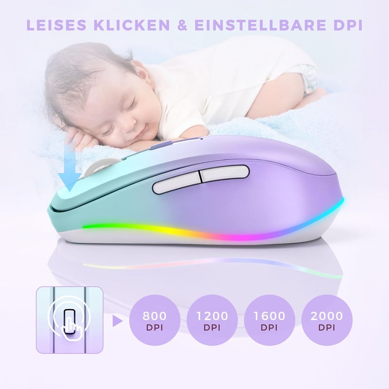 Seenda LED Vezeték Nélküli Egér, Újratölthető Jiggler Funkcióval, Csendes 2.4G USB Egér Laptophoz, 2000 DPI, Világító, Világoszöld-Lila