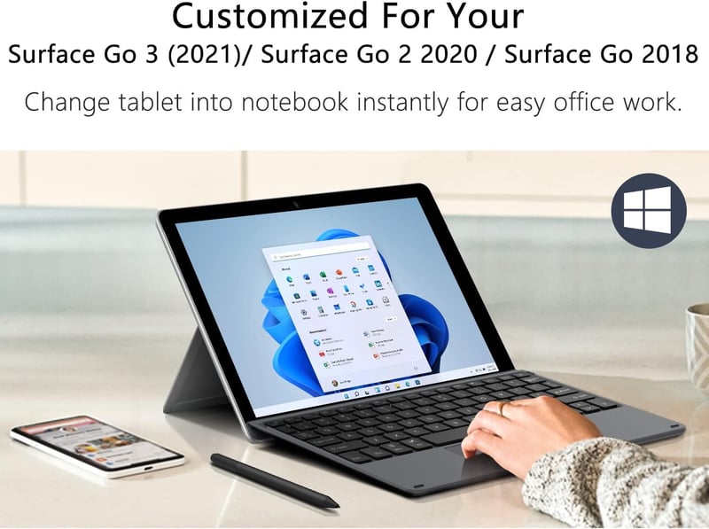 MoKo Bluetooth Billentyűzet Tok Surface Go 4/3/2/2018 Modellekhez, 7 Színű LED Háttérvilágítás, Érintőpaddal, Újratölthető Akkumulátor, Feke