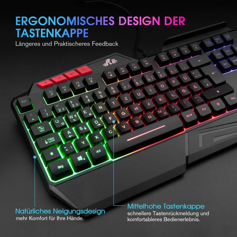 Rii RK202 Gaming Billentyűzet, RGB Háttérvilágítású USB Gamer Klaviatúra 19 Anti-Ghosting Funkcióval, PC/Laptop/PS4/Xbox One Kompatibilis - B086DC4MRL