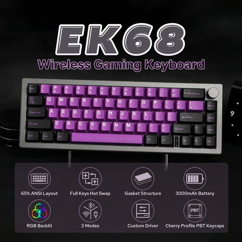 EPOMAKER EK68 65% Mechanikus Gamer Billentyűzet, Hot-Swap, Hármas Csatlakozás, 3000 mAh Akkumulátor, RGB Háttérvilágítás, PBT Keycaps, Feket