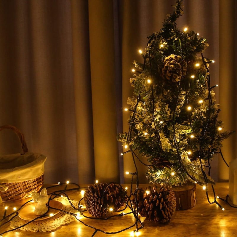 Feelhea 10m LED Tündérfény 100 Izzóval - Meleg Fehér Fényfüzér 8 Világítási Móddal, IP44 Vízálló Beltéri-Kültéri Dekoráció Karácsonyra, Eskü