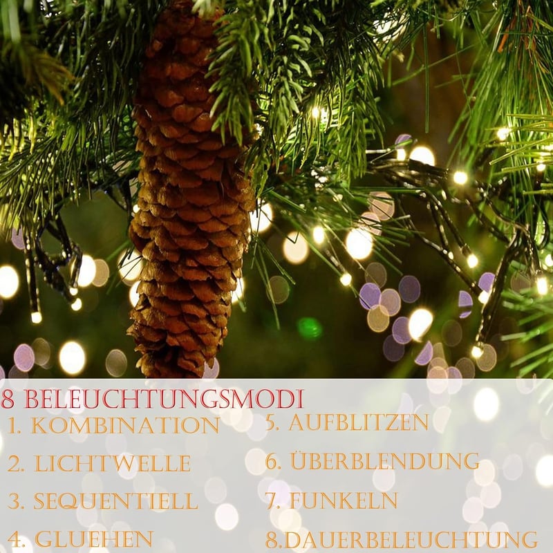 Feelhea 10m LED Tündérfény 100 Izzóval - Meleg Fehér Fényfüzér 8 Világítási Móddal, IP44 Vízálló Beltéri-Kültéri Dekoráció Karácsonyra, Eskü
