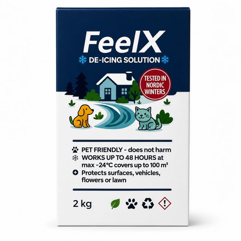 Sare de dezgheț FeelX – Prietenoasă cu animalele de companie, efect de lungă durată, sare ecologică cu aditiv anticoroziv, eficientă până la -24,5°C, 2 kg