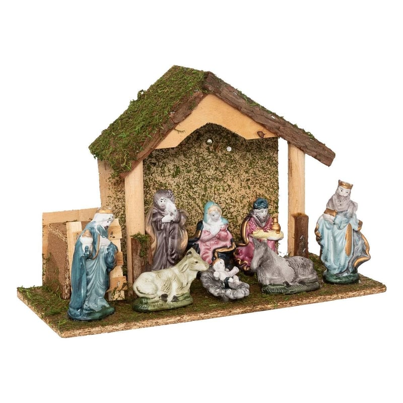 FEERIC LIGHTS & CHRISTMAS Porcelánový Betlehem s LED osvetlením - 3 v 1 Vianočná Dekorácia so 7 figúrkami