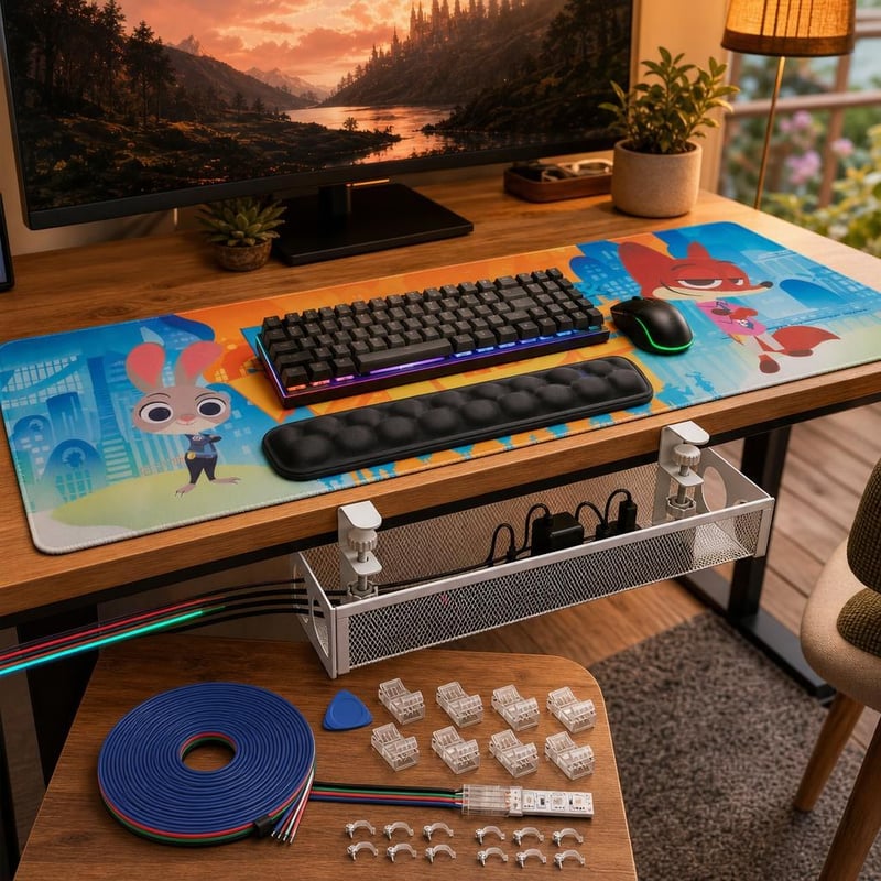 Gaming setup starter paket: RGB LED traka + XXL podloga + oslonac za zglob + organizator kabela