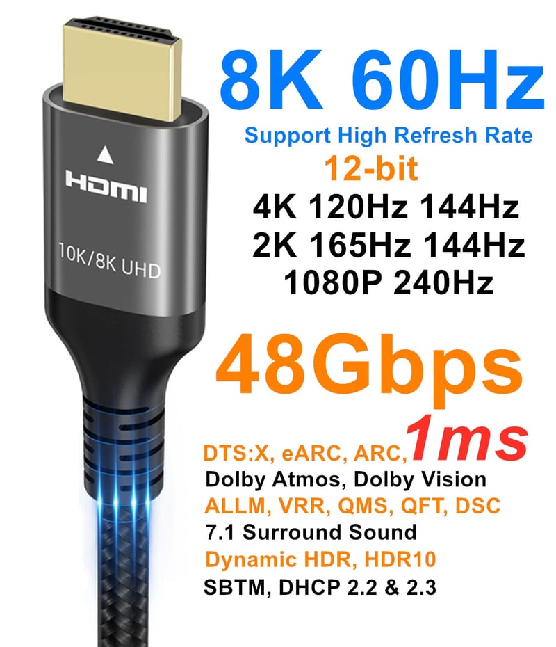 Ubluker 8K HDMI 2.1 kábel 1m - 48Gbps, 144Hz, eARC, PS5/Xbox kompatibilis