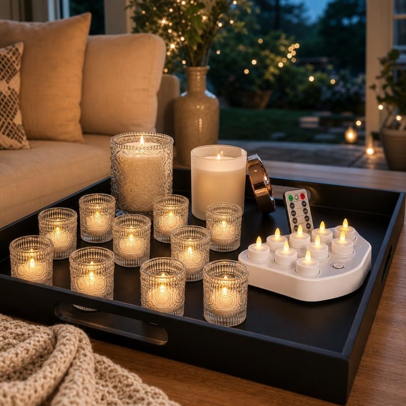 Set Colț Relaxant: 2 lumânări parfumate + 12 suporturi sticlă + 12 lumânări LED + tavă lemn