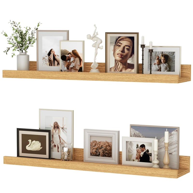 Raft de perete suspendat Feihorrm, set de 2, 60 cm, lemn MDF, pentru rame foto și decorațiuni, design industrial, pentru birou, dormitor și bucătărie, bej