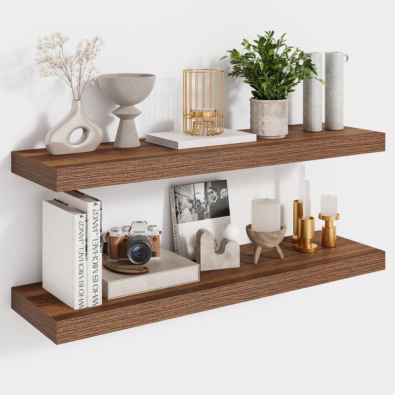Set de 2 rafturi suspendate Feihorrm, 60x16,5x3,1 cm, rafturi din lemn cu montare pe perete, rafturi de perete maro închis pentru sufragerie, dormitor, bucătărie