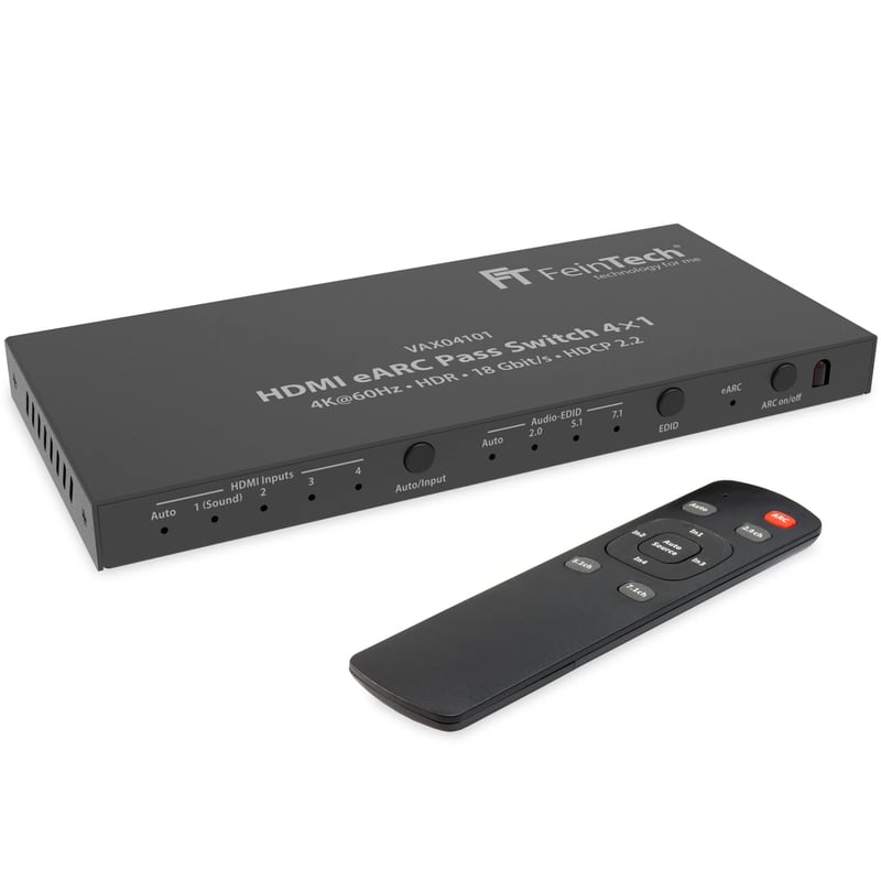 FeinTech VAX04101A HDMI eARC Pass Switch 4x1 – Audio Extractor pre eARC soundbary, 3 prehrávače médií a 1 displej, s podporou 4K 60Hz, HDR, Dolby Vision, Dolby Atmos a DTS